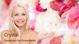  Presentation with beauty cosmetics - Audience pleasing presentation consisting of health cosmetics advertising and beauty concept - smiling woman holding imaginary lotion jar and applying it backdrop and a lemonade colored foreground