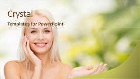 Presentation with cosmetics beauty - Colorful presentation theme enhanced with health cosmetics advertising and beauty concept - smiling woman holding imaginary lotion jar and applying it backdrop and a cream colored foreground