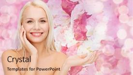  Presentation with beauty cosmetics - Colorful slide set enhanced with health cosmetics advertising and beauty concept - smiling woman holding imaginary lotion jar and applying it backdrop and a lemonade colored foreground