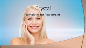  Presentation with beauty cosmetics - PPT theme having health cosmetics advertising and beauty concept - smiling woman holding imaginary lotion jar and applying it background and a light blue colored foreground
