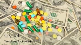  Presentation with pills money - Colorful slide deck enhanced with health costs - pills and money close-up background backdrop and a  colored foreground