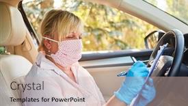  Presentation with face mask - PPT theme having health-department-employee-makes-home background and a soft green colored foreground