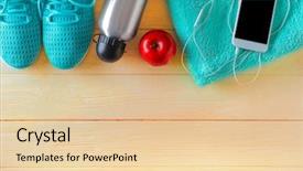  Presentation with fitness - Cool new presentation theme with health diet - fitness equipment on wooden background backdrop and a lemonade colored foreground