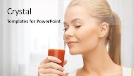  Presentation with tomato juice - Colorful theme enhanced with health diet and food concept - close up of young woman drinking tomato juice backdrop and a sky blue colored foreground