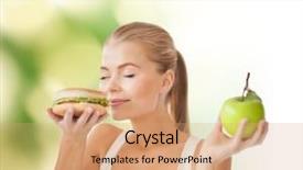  Presentation with health diet - Colorful presentation theme enhanced with health diet and food concept - healthy woman smelling hamburger and holding apple backdrop and a coral colored foreground