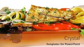  Presentation with tuna fish - Presentation design consisting of health dinner - atlantic light roast fish sea tuna served on plate with vegetables and lemon isolated on white background background and a gold colored foreground