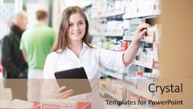  Presentation with pharmacist - Cool new presentation with health drugs - portrait of female pharmacist holding backdrop and a coral colored foreground