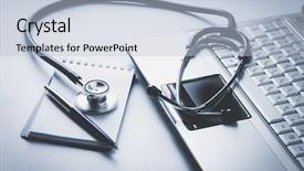  Presentation with clipboard stethoscope - PPT layouts with health economy - stethoscope with clipboard and laptop background and a light blue colored foreground