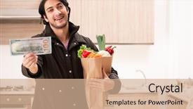  Presentation with man watching woman preparing vegetables - Beautiful presentation design featuring health economy - young handsome man with vegetables backdrop and a coral colored foreground