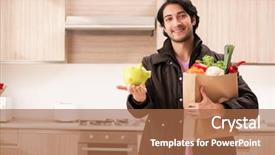  Presentation with man watching woman preparing vegetables - Cool new presentation design with health economy - young handsome man with vegetables backdrop and a coral colored foreground