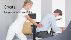  Presentation with kidneys pain or lower back - Slide set having back view of unrecognizable female designer showing illustrated book with designs to man background and a light gray colored foreground