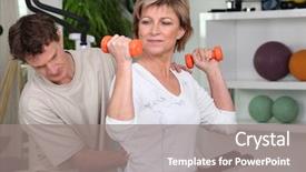  Presentation with trainer - PPT theme with health fair - senior woman with sports trainer background and a gray colored foreground
