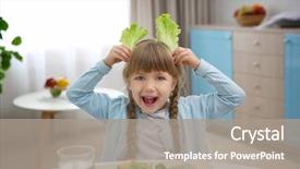  Presentation with hipster girl playing tetris game - Theme enhanced with health food - small girl playing with vegetables background and a gray colored foreground