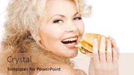  Presentation with health diet - Slide set consisting of health food diet and beauty concept - beautiful happy woman with burger background and a coral colored foreground