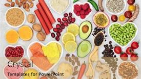  Presentation with cardiovascular - Presentation theme consisting of health food for a healthy heart and cardiovascular system with fruit vegetables fish dips herbs spice nuts seeds high in omega 3 antioxidants protein anthocyanins fibre with a low gi background and a yellow colored foreground