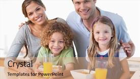  Presentation with breakfast - Audience pleasing PPT theme consisting of health fruits - happy family having breakfast backdrop and a coral colored foreground