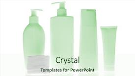  Presentation with cosmetic - Colorful presentation design enhanced with health hygiene - set of cosmetic bottles backdrop and a soft green colored foreground