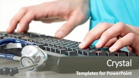  Presentation with physician - Presentation theme having health information - close-up of physician hands typing background and a gray colored foreground