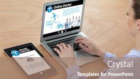  Presentation with information - Beautiful slides featuring health information online against businesswoman typing on laptop backdrop and a coral colored foreground