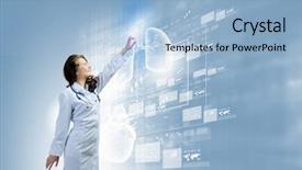  Presentation with doctor helps to get out of bed an elderly woman - Theme having health innovation - image of young woman doctor background and a light blue colored foreground