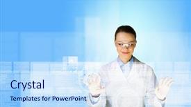  Presentation with health innovation - Presentation theme featuring health innovation - image of young woman scientist background and a sky blue colored foreground
