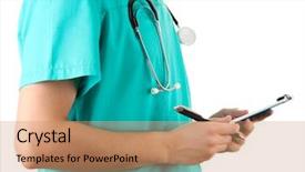  Presentation with health insurance - PPT theme consisting of health insurance cards - hand of doctor with pen background and a coral colored foreground