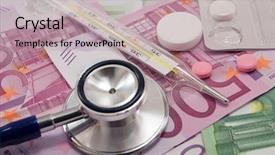  Presentation with health insurance - Audience pleasing theme consisting of health insurance cards - stethoscope and pills on euro backdrop and a mint green colored foreground