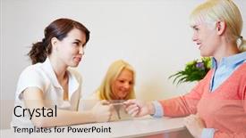  Presentation with receptionist - Slide deck having health insurance cards - woman giving her smartcard background and a soft green colored foreground