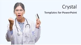  Presentation with credit card - Audience pleasing presentation design consisting of health insurance cards - young hispanic doctor woman holding backdrop and a sky blue colored foreground
