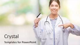  Presentation with doctor helps to get out of bed an elderly woman - Cool new slides with health insurance cards - young hispanic doctor woman holding backdrop and a sky blue colored foreground