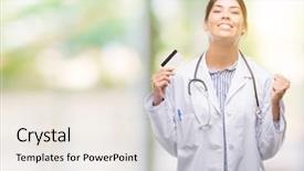  Presentation with credit card - Slides with health insurance cards - young hispanic doctor woman holding background and a sky blue colored foreground