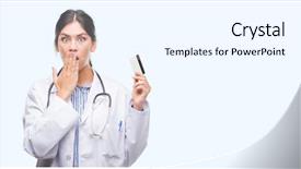  Presentation with health insurance concept - Slides having health insurance cards - young hispanic doctor woman holding background and a sky blue colored foreground