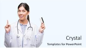  Presentation with doctor helps to get out of bed an elderly woman - Presentation design with health insurance cards - young hispanic doctor woman holding background and a sky blue colored foreground
