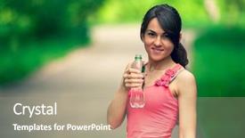  Presentation with eating fish and drink water from pollution oceans - Slide deck having health life - girl drinks water after sport background and a  colored foreground