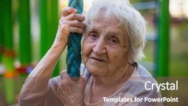  Presentation with elderly - Theme featuring health longevity - elderly woman portrait close-up background and a tawny brown colored foreground
