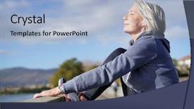  Presentation with flexible - PPT layouts consisting of health longevity - flexible senior woman stretching outdoors background and a light blue colored foreground