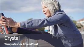  Presentation with flexible - Slide deck consisting of health longevity - flexible senior woman stretching outdoors background and a tawny brown colored foreground