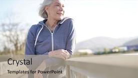  Presentation with advisor to senior clients - Colorful slides enhanced with health longevity - portrait of attractive senior woman backdrop and a mint green colored foreground