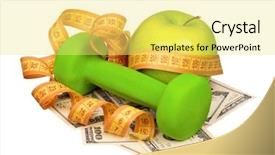  Presentation with tape measure - Amazing PPT theme having health money - dumbbells with apple and measure backdrop and a yellow colored foreground