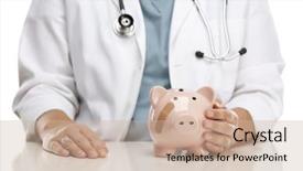  Presentation with piggy bank - Beautiful presentation featuring health money - female doctor holding caring hand backdrop and a soft green colored foreground