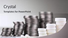  Presentation with white pills spilled from pills - Audience pleasing presentation theme consisting of health money - pile of white pills backdrop and a light gray colored foreground