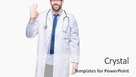  Presentation with young man on the phone - Slide deck having health numbers - handsome young doctor man background and a white colored foreground