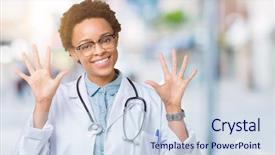  Presentation with medical smiling doctor - Presentation design featuring health numbers - young african american doctor woman background and a sky blue colored foreground