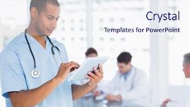  Presentation with digital hospital - Slide set enhanced with health nurse work - male surgeon using digital tablet background and a sky blue colored foreground