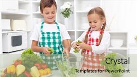  Presentation with kids health - Slide deck with health nutrition - kids in the kitchen preparing background and a mint green colored foreground