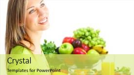  Presentation with fruits and vegetables - Amazing theme having health nutrition - young smiling woman with fruits backdrop and a  colored foreground