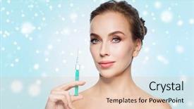  Presentation with injection plastic - Slides consisting of health people cosmetology plastic surgery and beauty concept - beautiful young woman holding syringe with injection over blue background and snow background and a lemonade colored foreground
