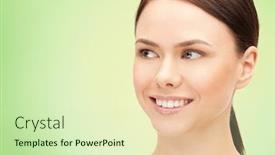  Presentation with green beauty - Presentation theme consisting of health people eco and beauty concept - beautiful young woman face over green background background and a soft green colored foreground