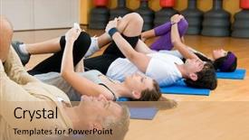  Presentation with class - Colorful PPT layouts enhanced with happy fitness people class in a row doing some aerobic stretching after workout at gym backdrop and a coral colored foreground