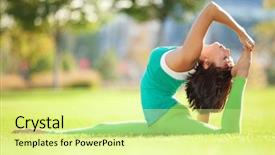  Presentation with exercises - Audience pleasing presentation theme consisting of healthy person - pretty woman doing yoga exercises backdrop and a blonde colored foreground